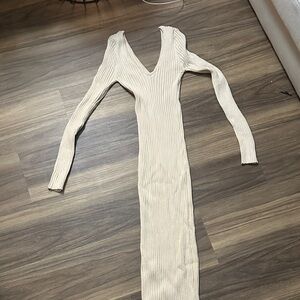 Fashion Nova Ribbed V‑Neck Long Sleeve Maxi Dress in Cream